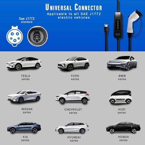 شاحن EV، شاحن EV محمول من المستوى 1 و2، شاحن سيارة كهربائي، كابل شحن EVSE، آمن معتمد، 110 فولت - 240 فولت، 16 أمبير، مناسب لجميع J1772 EVs (قابس NEMA5-15، محول 6-20P، أبيض، كابل 26 قدم) in Kuwait