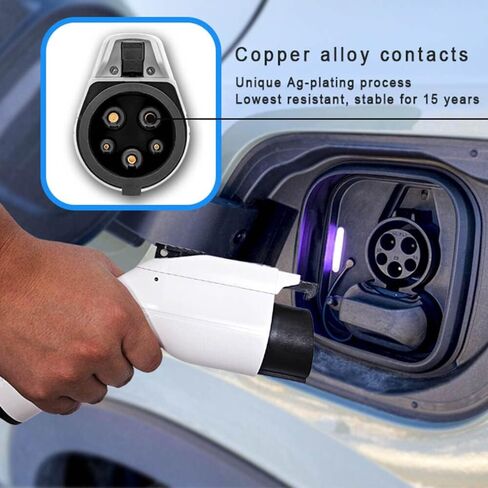 شاحن EV، شاحن EV محمول من المستوى 1 و2، شاحن سيارة كهربائي، كابل شحن EVSE، آمن معتمد، 110 فولت - 240 فولت، 16 أمبير، مناسب لجميع J1772 EVs (قابس NEMA5-15، محول 6-20P، أبيض، كابل 26 قدم) in Kuwait