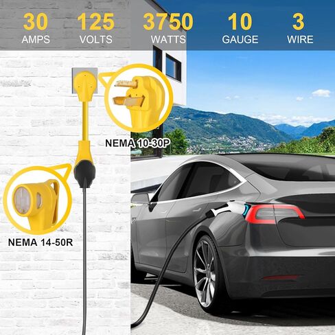 محول شاحن NEMA 10-30P إلى 14-50R EV، قابس مجفف 30 أمبير إلى 50 أمبير 14-50 منفذ مع مؤشر طاقة LED لشحن Tesla وغيرها من EV المستوى 2، 8 AWG / 12 بوصة، مدرج في قائمة UL in Kuwait