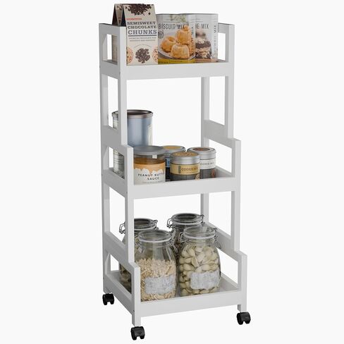 3-Tier Utility Rolling Cart, Mobile Storage Organizer with Lockable Caster Wheels, Small Kitchen Removable Trolley with Bamboo Shelf, White in Saudi Arabia
