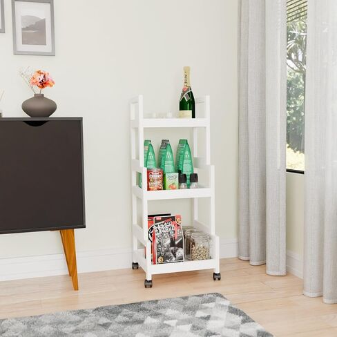 3-Tier Utility Rolling Cart, Mobile Storage Organizer with Lockable Caster Wheels, Small Kitchen Removable Trolley with Bamboo Shelf, White in Saudi Arabia
