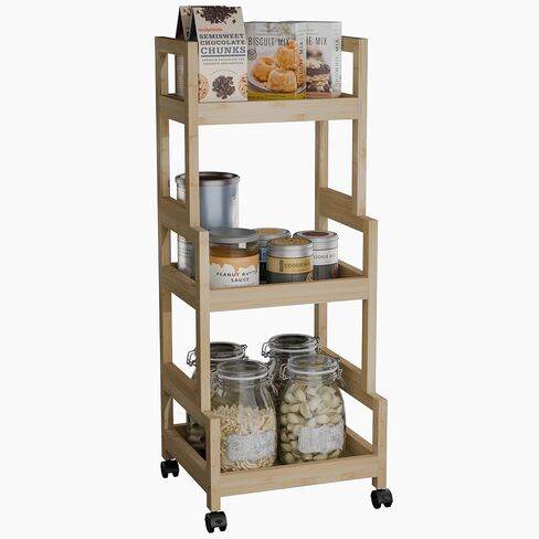 3-Tier Utility Rolling Cart, Mobile Storage Organizer with Lockable Caster Wheels, Small Kitchen Removable Trolley with Bamboo Shelf, White in Saudi Arabia
