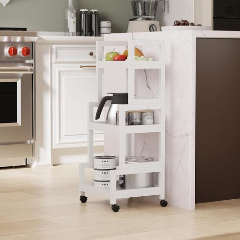 3-Tier Utility Rolling Cart, Mobile Storage Organizer with Lockable Caster Wheels, Small Kitchen Removable Trolley with Bamboo Shelf, White in Saudi Arabia