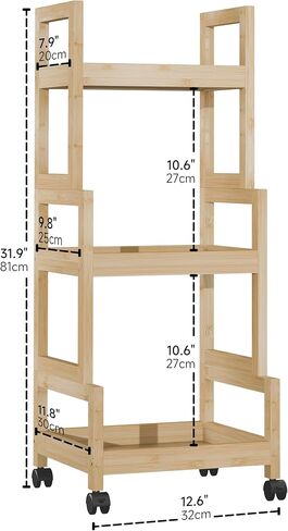 3-Tier Utility Rolling Cart, Mobile Storage Organizer with Lockable Caster Wheels, Small Kitchen Removable Trolley with Bamboo Shelf, White in Saudi Arabia