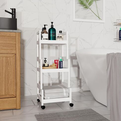 3-Tier Utility Rolling Cart, Mobile Storage Organizer with Lockable Caster Wheels, Small Kitchen Removable Trolley with Bamboo Shelf, White in Saudi Arabia