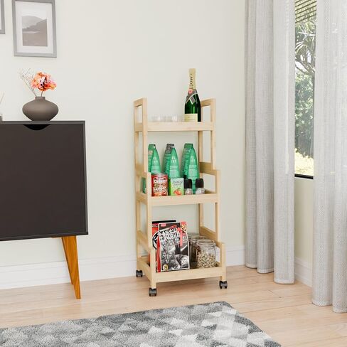 3-Tier Utility Rolling Cart, Mobile Storage Organizer with Lockable Caster Wheels, Small Kitchen Removable Trolley with Bamboo Shelf, White in Saudi Arabia