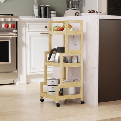 3-Tier Utility Rolling Cart, Mobile Storage Organizer with Lockable Caster Wheels, Small Kitchen Removable Trolley with Bamboo Shelf, White in Saudi Arabia