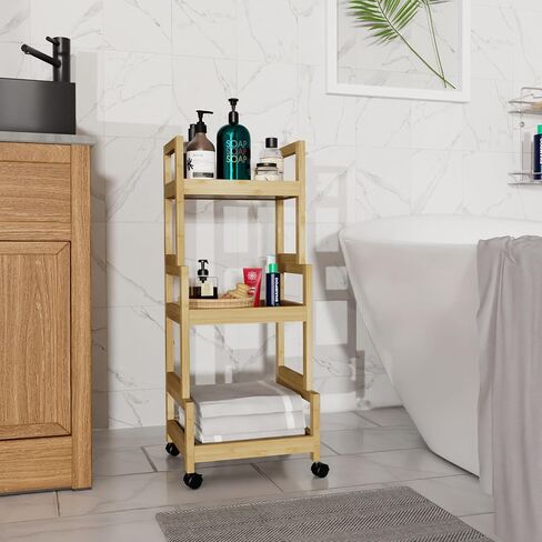 3-Tier Utility Rolling Cart, Mobile Storage Organizer with Lockable Caster Wheels, Small Kitchen Removable Trolley with Bamboo Shelf, White in Saudi Arabia