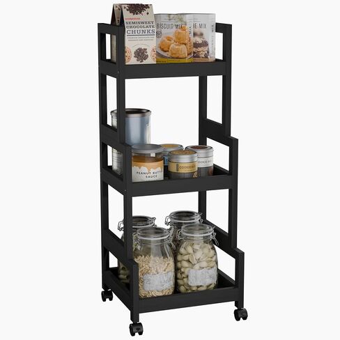 3-Tier Utility Rolling Cart, Mobile Storage Organizer with Lockable Caster Wheels, Small Kitchen Removable Trolley with Bamboo Shelf, White in Saudi Arabia