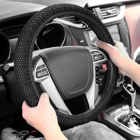 غطاء عجلة القيادة المطاطي من Andalus Brands، ملحقات السيارة للنساء والرجال - أغطية لهوندا، فورد، تويوتا، نيسان، والمزيد - مقاس عالمي 15 بوصة، بوليستر من الألياف الدقيقة المسامية (أسود) in Kuwait