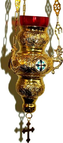 Large Brass Greek Orthodox Oil Vigil lamp - 24 Inches with Red Votive for Oil in Saudi Arabia