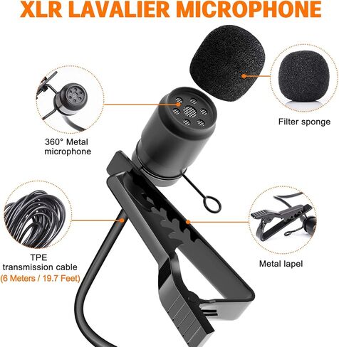 ميكروفون Tendak XLR Lavalier، ميكروفون متعدد الاتجاهات، طاقة فانتوم مع مشبك معدني على شكل طية صدر السترة وملحقات الزجاج الأمامي المتوافقة مع كاميرات الفيديو Canon Sony Panasonic لمقابلة YouTube in Kuwait