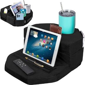 Octagonal Couch Cup Holder Tray Pillow - Bed, Couch Caddy, Sofa, RV & Car - Holds Drinks, Snacks, Remotes, Phones, Kindle, Tablet | Bed Cup Holder (Grey)