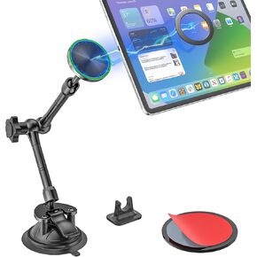 Magnetic Tablet Holder for Car - Strong Magnet, Metal Arm Dashboard Windshield iPad Suction Mount for Truck, Pickup, SUV, Van, Fit for 4-11" iPad Pro/Air/Mini, Galaxy Tabs, iPhone