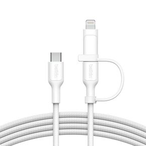 كابل شحن Belkin 2-in-1 مع موصل USB-C و Lightning-كابل الشحن السريع المضفر ، USB-C إلى سلك USB-C وشاحن Lightning ، مزيج متعدد الشحن لـ Apple iPhone ، iPad ، Samsung ، More-Black