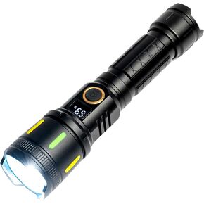High brightness rechargeable telescopic zoom LED white laser flashlight, 750 lumens, smart LCD display, USB/Type-C fast charging high power. Suitable for camping, home use, and multiple occasions.