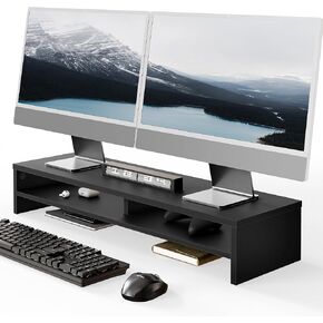 Fenge Monitor Stand, 31.5 Inch Computer Monitor Riser for Desk, 2 Tiers Wood Desk Shelf with Storage, Desktop Organizer for PC, Laptop, Screen, Printer