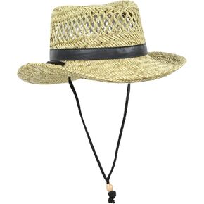 Classic Straw Flat Top Gambler Sun Hat w/ Black Vegan Leather and Chin Strap
