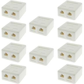 2 Port Cat.6 Keystone Jack Surface Mount Box, Biscuit, with RJ45 Keystone Jack White (10-Pack)