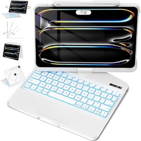 Keyboard Case for iPad Pro 11-inch (M4, 2024), Transparent Cyberpunk Shell, 360° Rotating Multi-Touch Trackpad, 7-Color Backlit Keyboard, Type-C Charging,Snow White