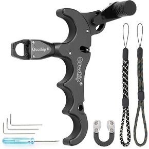4-Finger Compound Bow Thumb Release with 360° Rotating Stainless Steel Caliper - Includes D Loop & Anti-Slip Wrist Strap (Black/Blue/Red) | Precision Archery Release Aid for Target Shooting & Hunting