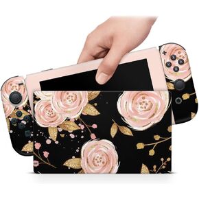 Zoomhitskins متوافق مع مفتاح Switch Skin Cover Flowers ناعم الذهب الورود الأوراق الذهبية السوداء الوردي المرجان الباستيل الكلاسيكية عتيقة 3M ملصق ملصق فينيل ، مصنوعة في الولايات المتحدة الأمريكية