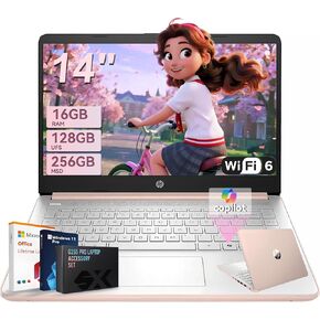 HP 14‑inch Student Business Laptop – Intel N150 | Lightweight, AI Copilot Key for Study & Daily Use | 16GB RAM | 128GB UFS + 256GB MSD | w/Accessory Win 11 Pro + MS Office Lifetime | Pale Rose Gold