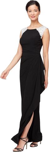 Alex Evenings Women's Long Jersey Dress with Ruched Front and Embellished Neckline (Petite and Regular Sizes) in Kuwait