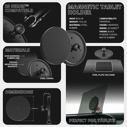 Tackform 3.5" Magnetic Tablet Holder with 20mm Ball | All-Metal | Powder Coated Steel with 10 Neodymium Magnets and Non-Marring Rubber Pad | NOT Compatible with 1" / 25.4mm / B Sized Systems in Kuwait