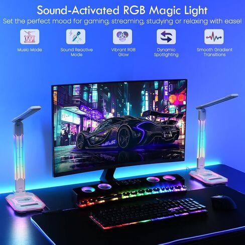WILIT LED RGB Gaming Desk Lamp, Voice Activated Changing Colors Rhythm Light with Wireless Charger and USB Charging Port, Colorful Ambient Light Touch Table Lamp for Gaming, PC, Room Decoration in Saudi Arabia