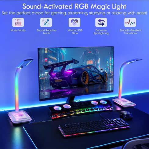 WILIT LED RGB Gaming Desk Lamp, Voice Activated Changing Colors Rhythm Light with Wireless Charger and USB Charging Port, Colorful Ambient Light Touch Table Lamp for Gaming, PC, Room Decoration in Kuwait