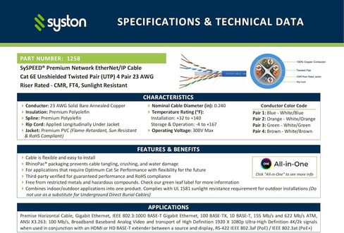 Syston Cat6e Ethernet Internet Cable Patch - 50 FT White, 600MHz 23AWG 4pr UTP Solid Bare Copper Wire Indoor/Outdoor PoE PC Laptop, CMR Riser-Rated Sunlight Resistant RoHS Compliant UL ETL Certified in Kuwait