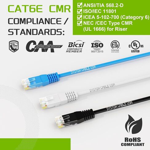 Syston Cat6e Ethernet Internet Cable Patch - 50 FT White, 600MHz 23AWG 4pr UTP Solid Bare Copper Wire Indoor/Outdoor PoE PC Laptop, CMR Riser-Rated Sunlight Resistant RoHS Compliant UL ETL Certified in Kuwait