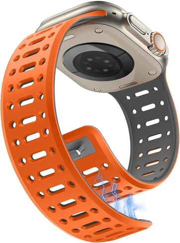 Magnetic Band Compatible with Apple Watch Band 49/46/45/44/42mm for Men Women, Breathable Silicone Sport Band with Safety Button for iWatch Series Ultra 10 9 8 7 6 5 4 3 SE (Orange-Gray) in Kuwait
