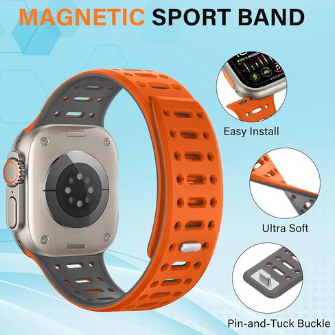 Magnetic Band Compatible with Apple Watch Band 49/46/45/44/42mm for Men Women, Breathable Silicone Sport Band with Safety Button for iWatch Series Ultra 10 9 8 7 6 5 4 3 SE (Orange-Gray) in Kuwait