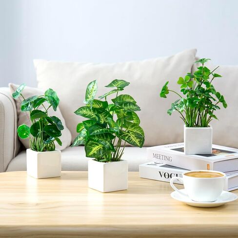 مجموعة MyGift مكونة من 3 نباتات صناعية، وخضرة صناعية على سطح الطاولة مع أوعية زجاجية شفافة in Kuwait