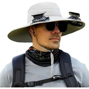 Solar Fan Hat for Men,Wide Brim Outdoor Fishing Hat 2 Solar Fan 3-Speed Adjustable Beach Cap for Camping, Hiking
