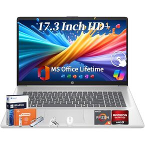 HP 17 Inch Laptop 2025, 17.3" HD+ Touchscreen Display, Office Pro Lifetime License, 64 GB RAM, 2 TB SSD, AMD Ryzen 5 7430U, AMD Radeon Graphics, Copilot-AI, Wi-Fi 6, Windows 11 Pro, w/Accessories