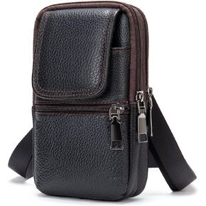 Cell Phone Waist Belt Pouch Leather, Cell Phone Shoulder Bag Leather, Vertical Leather Smartphone Shoulder Messenger Bag Travel Crossbody Pack Belt Holster Wallet Pocket for Cell Phone / Mini Tablet
