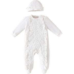 TENTIDE Newborn Baby Girls Cotton One-Piece Footed Jumpsuit Long Sleeve Set Christening Outfit with Headband 0-24 Months