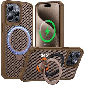 FlyReal Designed for iPhone 15 Pro Max Case with 360° Magnetic Stand, Carbon Fiber Phone Case [Compatible with Magsafe] [16FT Military Protection] with Stand Ring 6.7'', Black