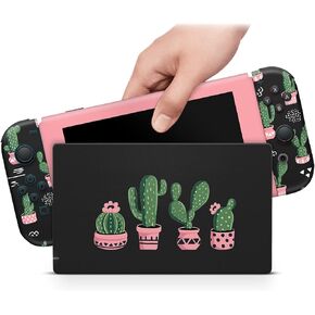 ZOOMHITSKINS OLED Switch Skin, Compatible for Switch OLED Skin Wrap, Cactus Floral Pink Black Green Cute Plants, 3M Vinyl for Durable & Fit