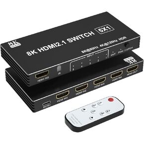 HDMI 2.1 Switch 5 in 1 Out HDMI Splitter 120Hz 4K - 5 Port Switcher Selector 8K 60Hz with Remote 3D CEC HDR HDCP2.3, for PS5/4/3 Xbox DVD Player Nintendo Switch Roku PC TV Fire Stick