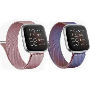 2 Pcs Bands Compatible with Fitbit Versa and Versa 2 Bands for Women Men, Rose Gold Stainless Steel Metal Mesh Magnetic Band Bracelet Strap Replacement for Fitbit Versa/Versa Lite SE