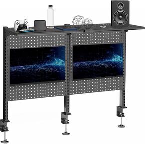 Vivo Steel Triple Clamp 47 × 31 بوصة من نظام Pegboard المكتبي مع 2 حوامل شاشة ورف التخزين ، يناسب ما يصل إلى 32 بوصة ، منظم ملحق المكاتب ، الأسود ، PP-DK48SB