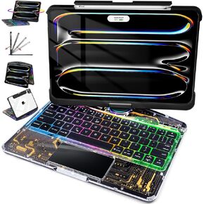 iPad Pro 11-inch (M4, 2024) Case with Keyboard, Transparent Cyberpunk Shell, 360° Rotating Multi-Touch Trackpad, 7-Color Backlit Keyboard, Pencil Holder, Type-C Charging, Tech Circuit X