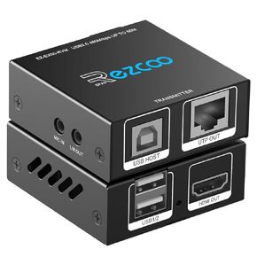 KVM Extender USB HDMI إلى RJ45 فوق CAT5E/6/7 1080P@60Hz حتى 150 قدمًا/50M ، HDMI على جهاز استقبال Ethernet جهاز مفتاح Mouse Mouse 2 Ports USB2.0 Hub Poe Steroo Audio and Microphone