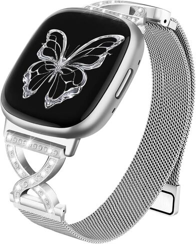 X-Shape Diamond Metal Band Compatible for Fitbit Versa 4/Fitbit Sense 2/Fitbit Versa 3/Fitbit Sense, Stainless Steel Magnetic Dressy Mesh Loop Strap for Women in Saudi Arabia