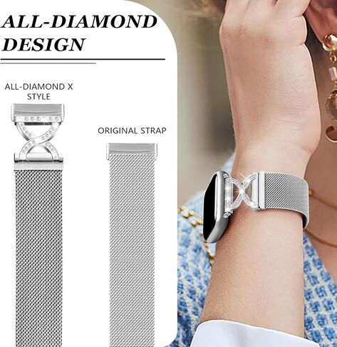 X-Shape Diamond Metal Band Compatible for Fitbit Versa 4/Fitbit Sense 2/Fitbit Versa 3/Fitbit Sense, Stainless Steel Magnetic Dressy Mesh Loop Strap for Women in Saudi Arabia