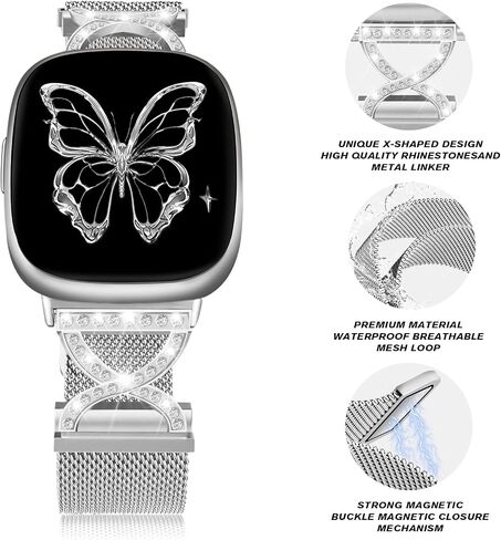 X-Shape Diamond Metal Band Compatible for Fitbit Versa 4/Fitbit Sense 2/Fitbit Versa 3/Fitbit Sense, Stainless Steel Magnetic Dressy Mesh Loop Strap for Women in Saudi Arabia